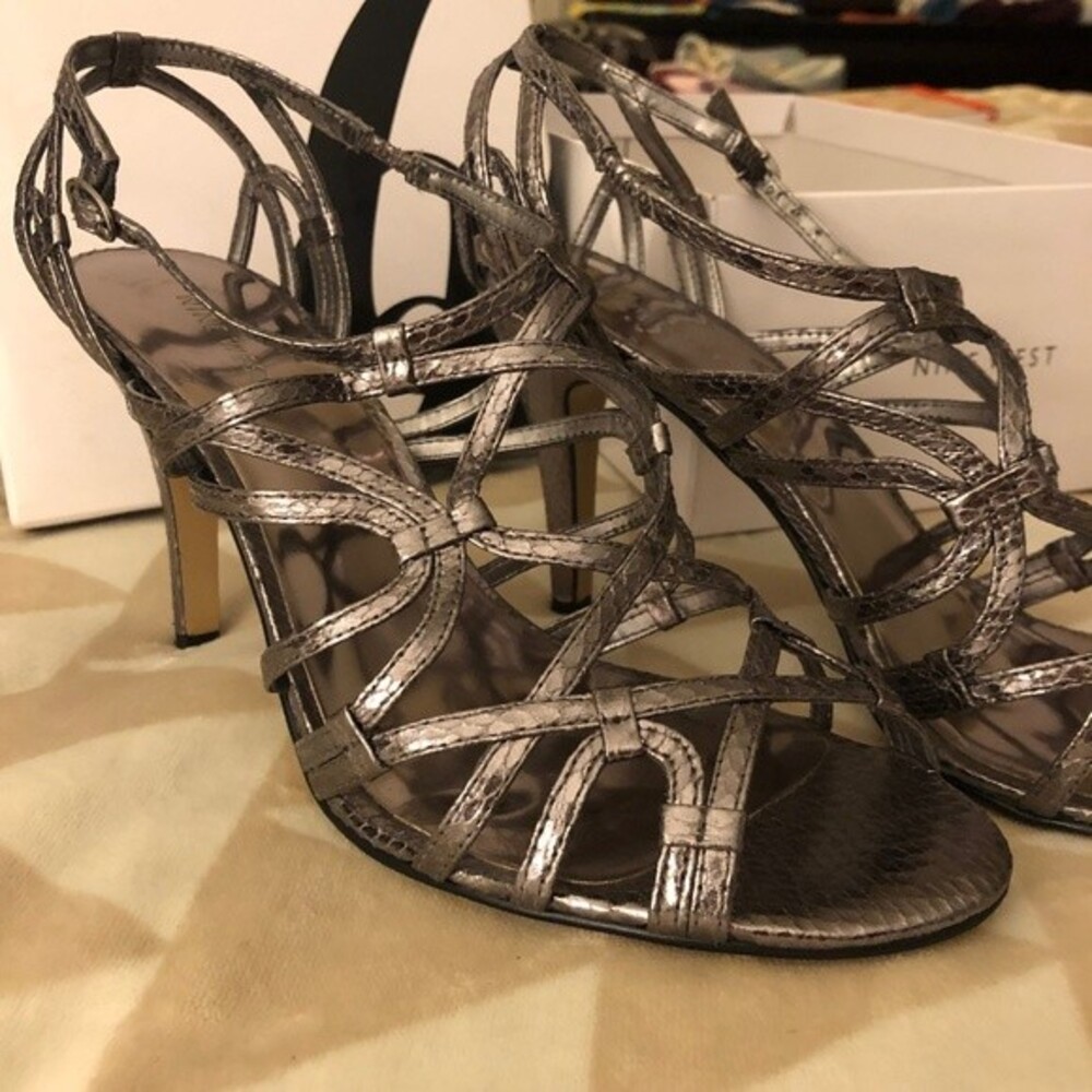 Nine West Frida Snake Print Stiletto Sandals Gunmetal 9.5 Heels